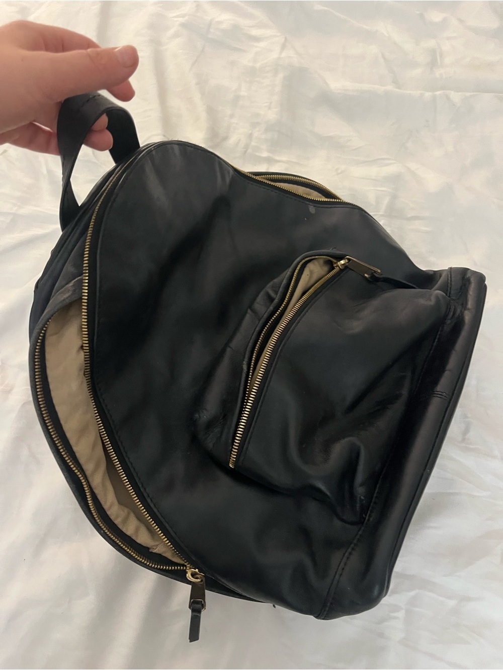 JCREW Black Leather Backpack with Front Zip Pocket